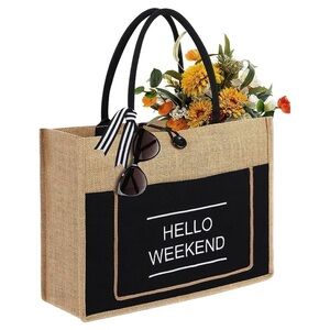 Large Jute Canvas Woven Shopping Beach Tote Bag Waterproof Interior (LVO6)